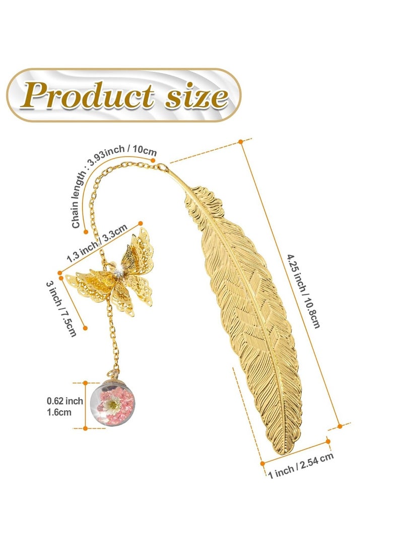 ChicAbode Book Accessory Gift Pack, Golden Feather Book Mark with Golden Butterfly, Pink Diamond and White Floret Pendant - Image 3